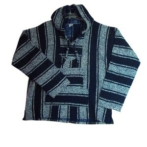 Artesania Adult XL‎ Blue Striped Mexican Hooded Long Sleeve Sweater Hippie